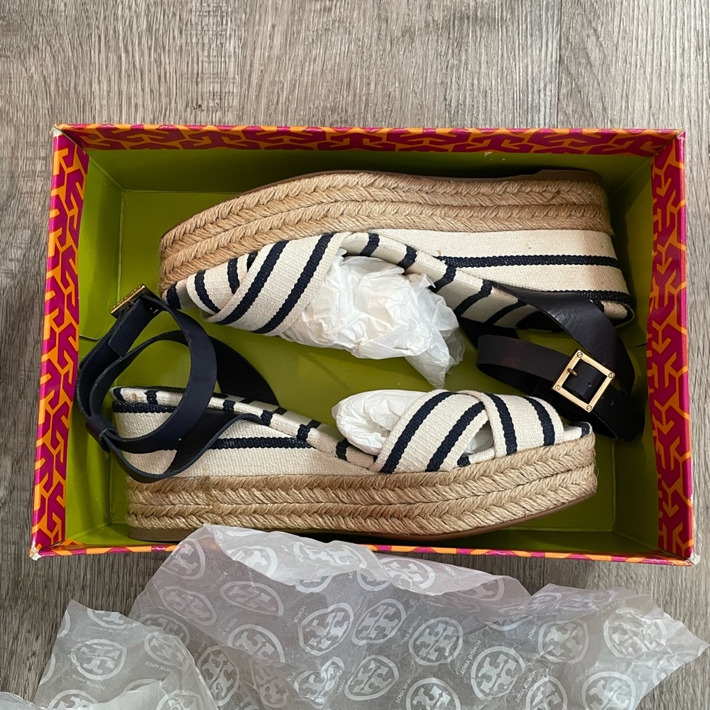 Tory Burch Navy and White Striped Espadrille Wedge Sandals - Picture 11 of 11